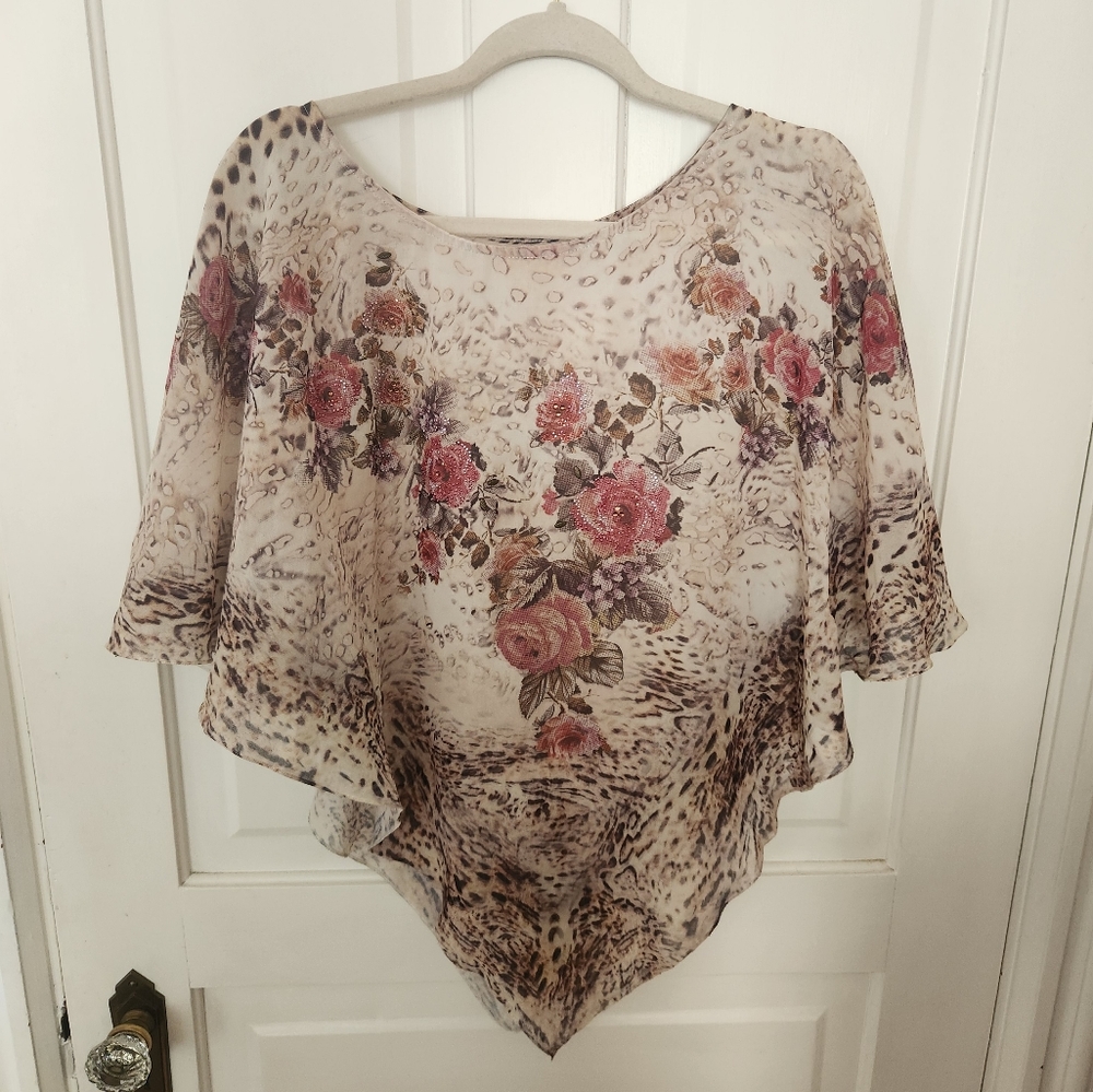 Lightweight leopard/floral women's cape with rhinestone detailing